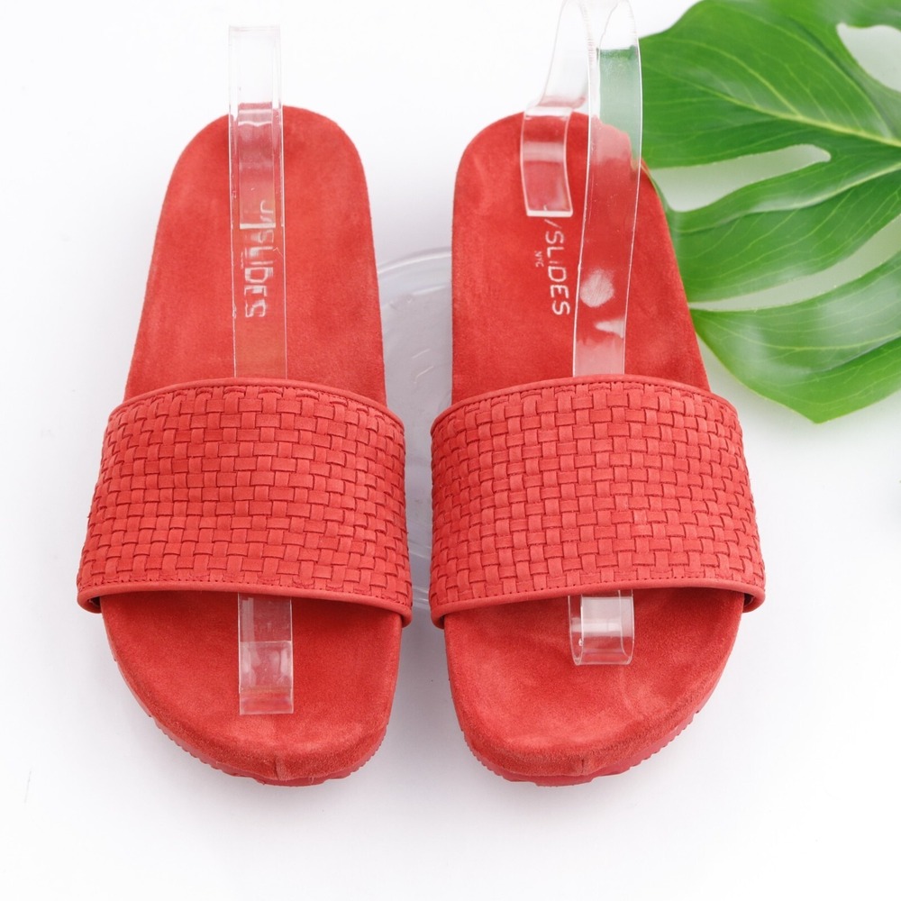 J/SLIDES Shoe Womens Naomie Sandal Size 8.5 Red Leather Woven Slide Flat Comfort